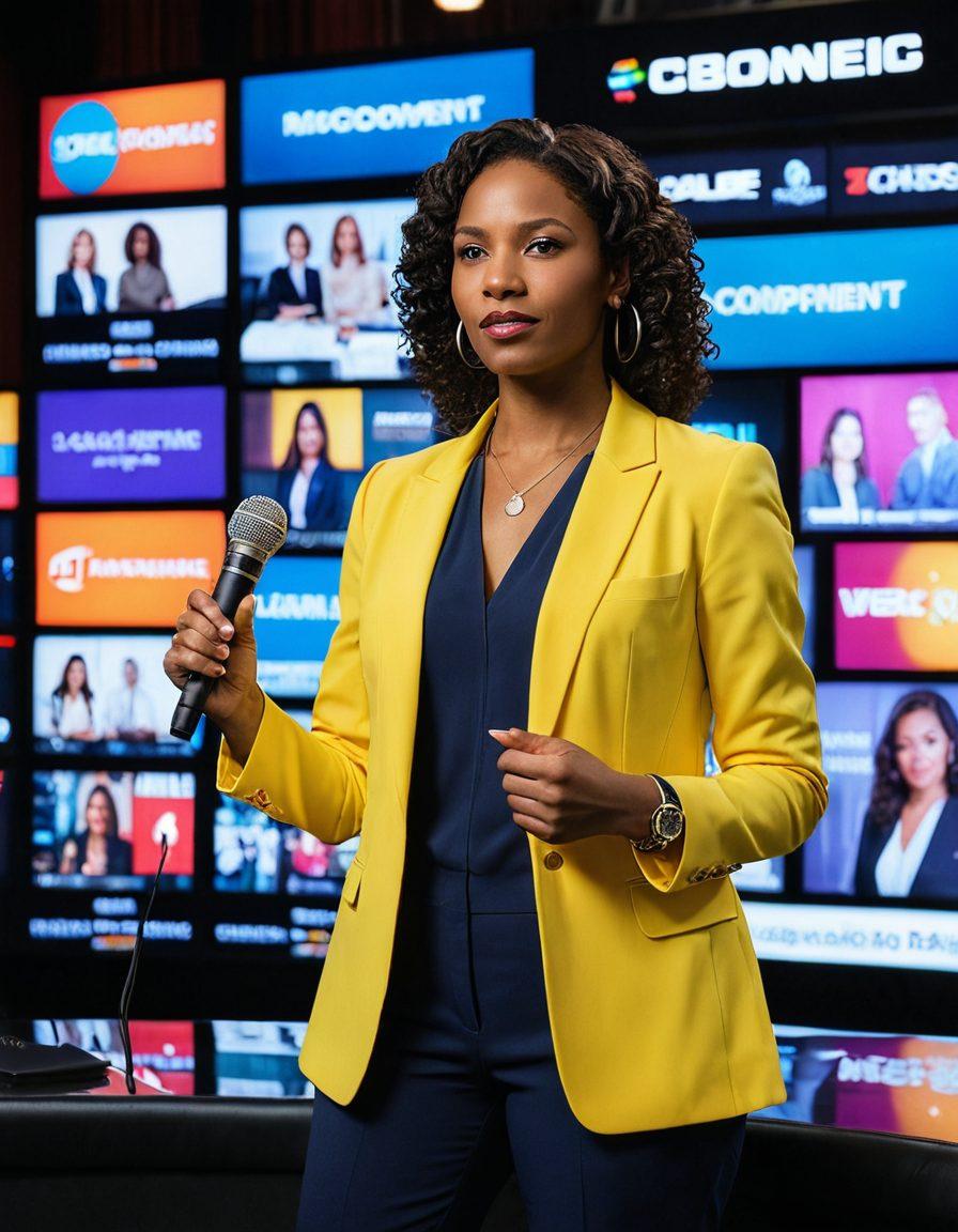 A powerful woman standing confidently with a cable in one hand and a microphone in the other, surrounded by diverse women collaborating in a vibrant cable industry setting. The background features elements symbolizing media trends, like digital screens displaying stats and graphics, along with a subtle nod to traditional broadcasting. Bright, empowering colors radiate energy and inspiration, highlighting the theme of empowerment. super-realistic. vibrant colors. dynamic composition.