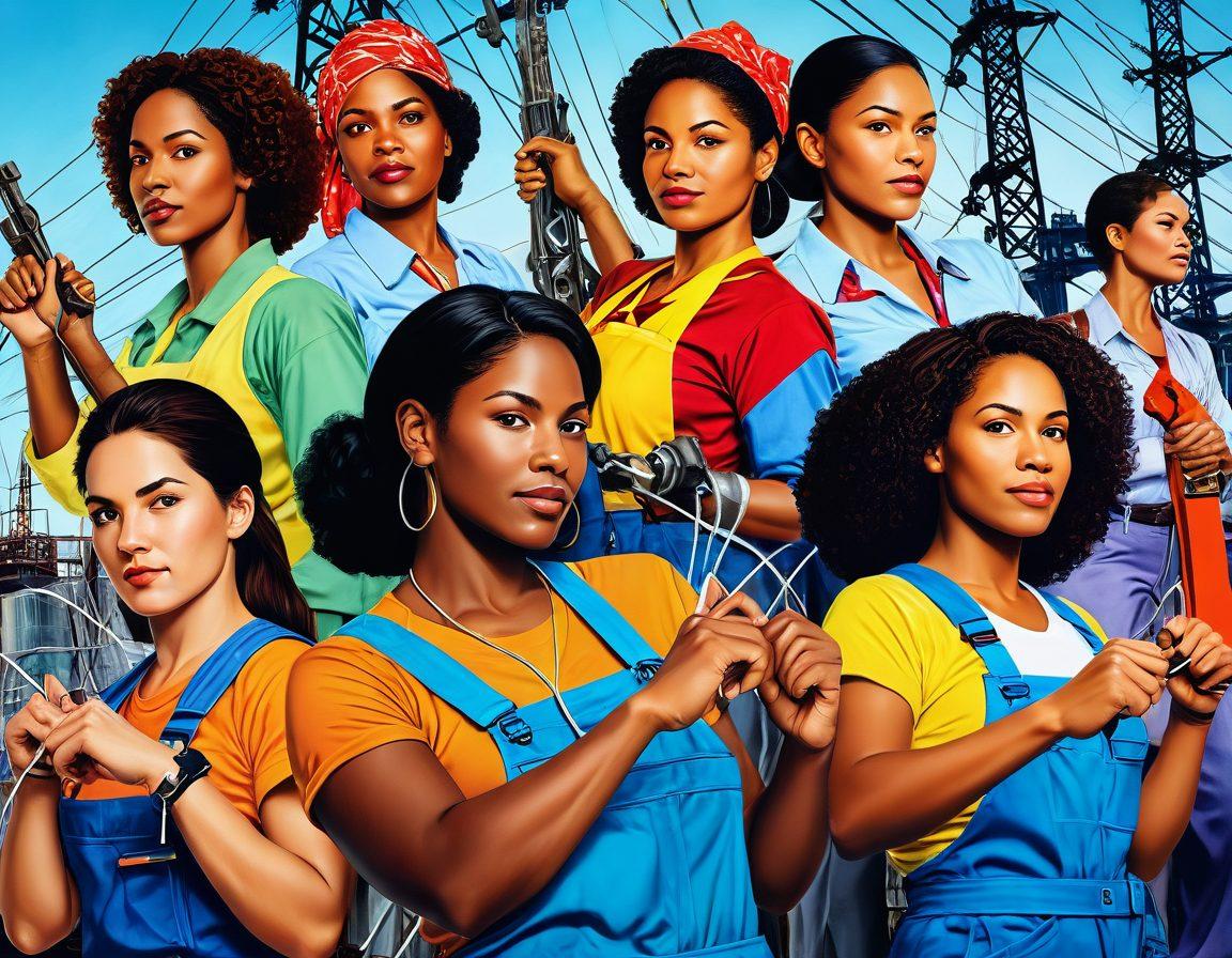 A powerful collage featuring diverse women of different ethnicities and ages working confidently in the cable industry. Incorporate elements like cable lines, tools, and construction sites in the background. The women should be depicted in action, showcasing strength and determination. Use bright and uplifting colors to convey inspiration and empowerment. super-realistic. vibrant colors. dynamic composition.