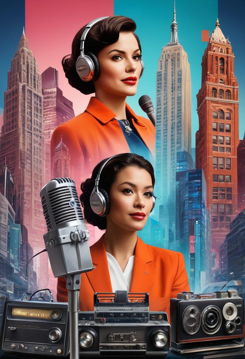 A dynamic collage showcasing influential women in broadcasting, surrounded by vintage microphones, cameras, and modern tech gadgets, symbolizing their impact in media. In the background, a radiant city skyline representing progress, interwoven with notes and scripts to depict storytelling. Vibrant, diverse color palette highlighting various cultures. super-realistic. vibrant colors. 3D.